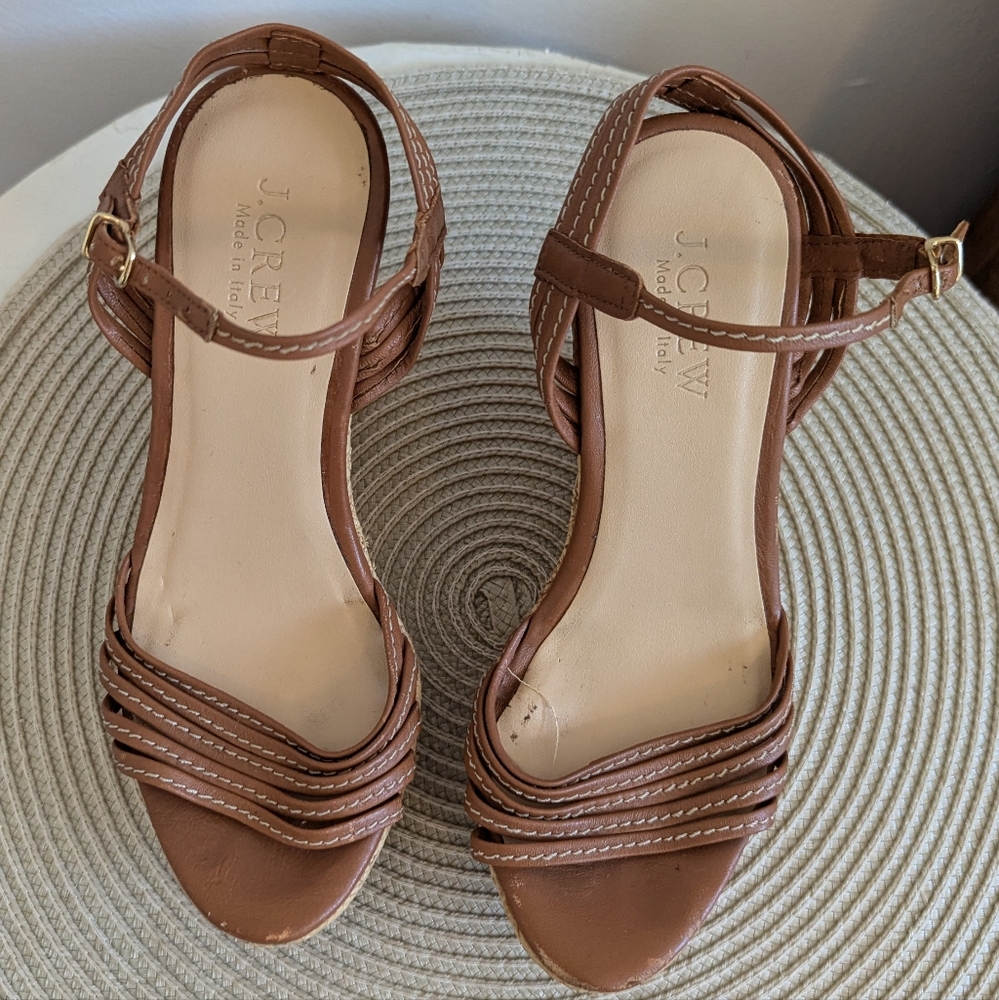 J.CREW Tan Leather Espadrille Wedge Sandals - Picture 3 of 7